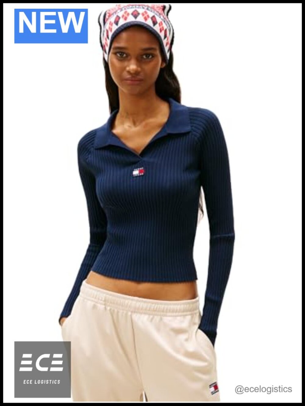 Long Sleeve Ribbed Polo Sweater Embroidered Flag Logo